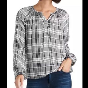 Lucky Brand Jessica black, gray and white plaid peasant shirt, size large